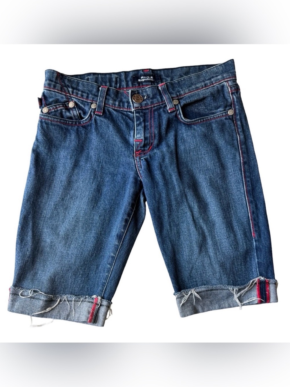 Rock & Republic Y2K Denim Shorts Sz 26 Red Stitch Embroidered Pockets Bermuda